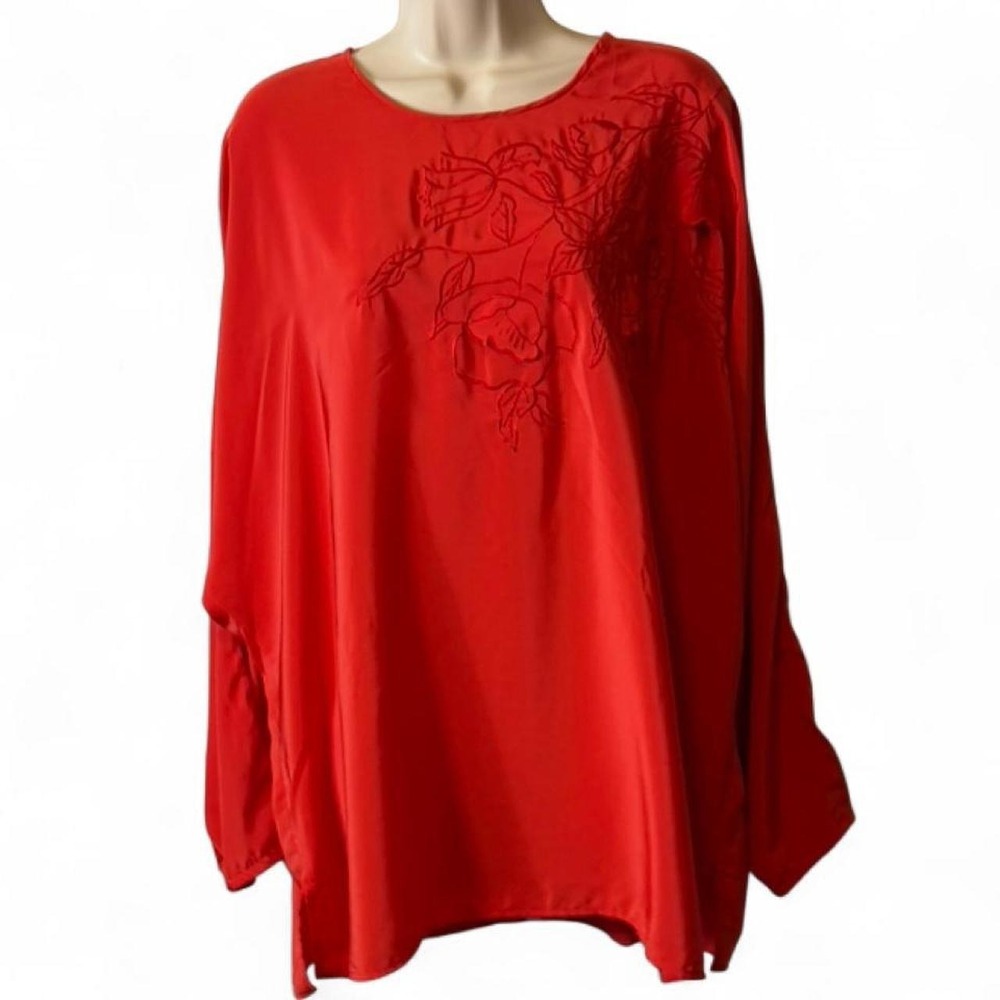 Vintage 70s Campus Casuals Of California Red Embroidered Blouse,‎ Women's Sz 22W